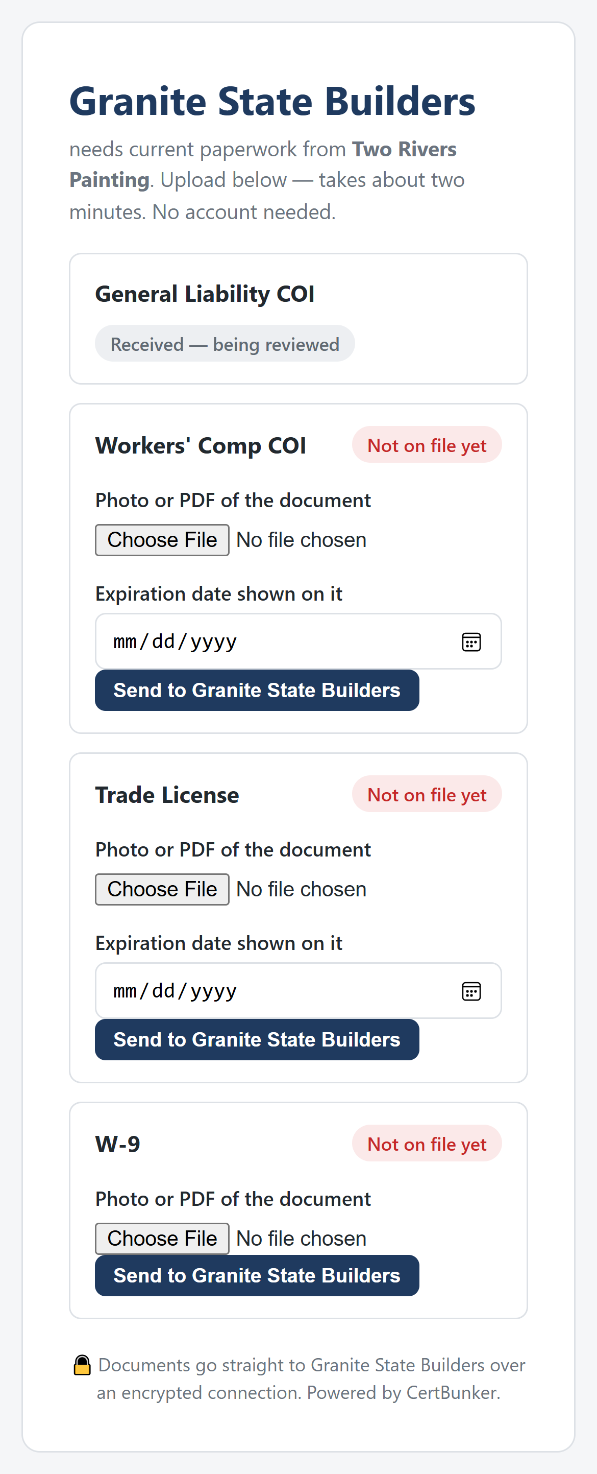 The mobile page a subcontractor sees: the contractor's company name, a checklist of required documents, and simple photo-upload forms — no account or password required.